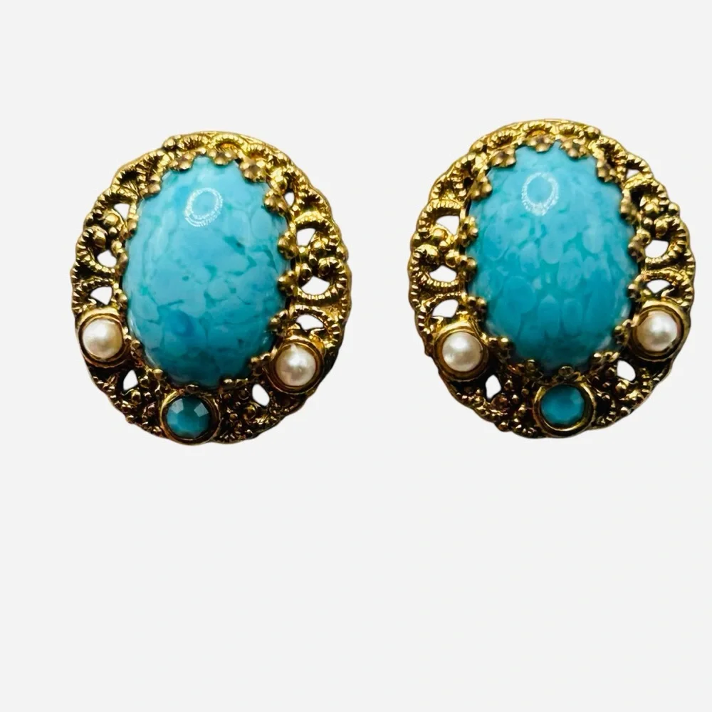 Exquisite W. Germany Blue Glass Brooch and Earring Set